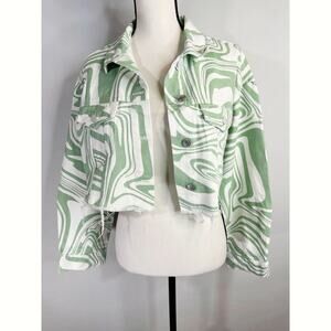 Signature Eight Cotton Green & White Swirl Print Cropped Jacket Women Medium NWT